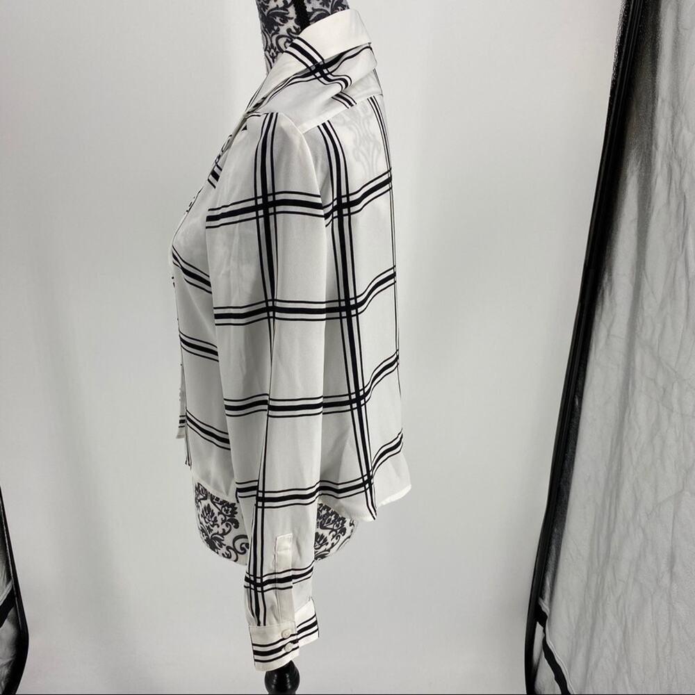 Leith Black White Windowpane Check Button Front Blouse Notched Collar L/S - Picture 7 of 10